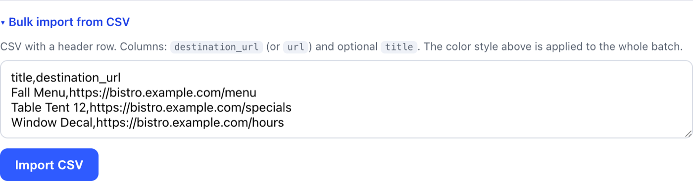 VastQR bulk import panel: a CSV with a header row of destination_url and optional title, ready to generate a batch.