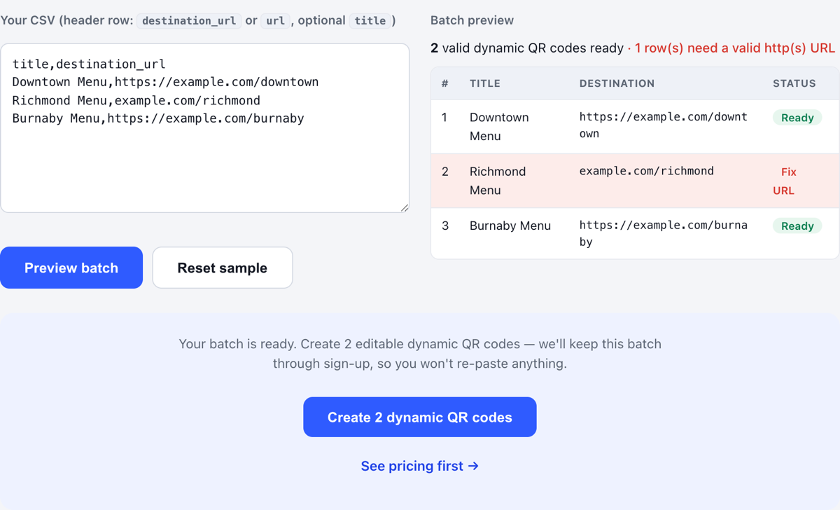 The VastQR bulk preview showing a parsed batch with a ready count, a row flagged as needing attention, and the normalized destination that will be stored for each row.